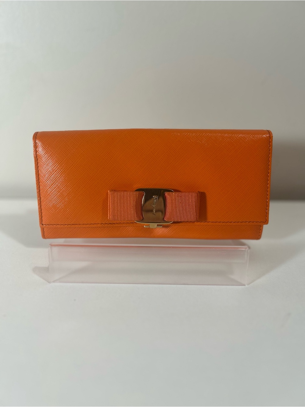 Salvatore Ferragamo Orange Bow Saffiano Leather Continental Wallet